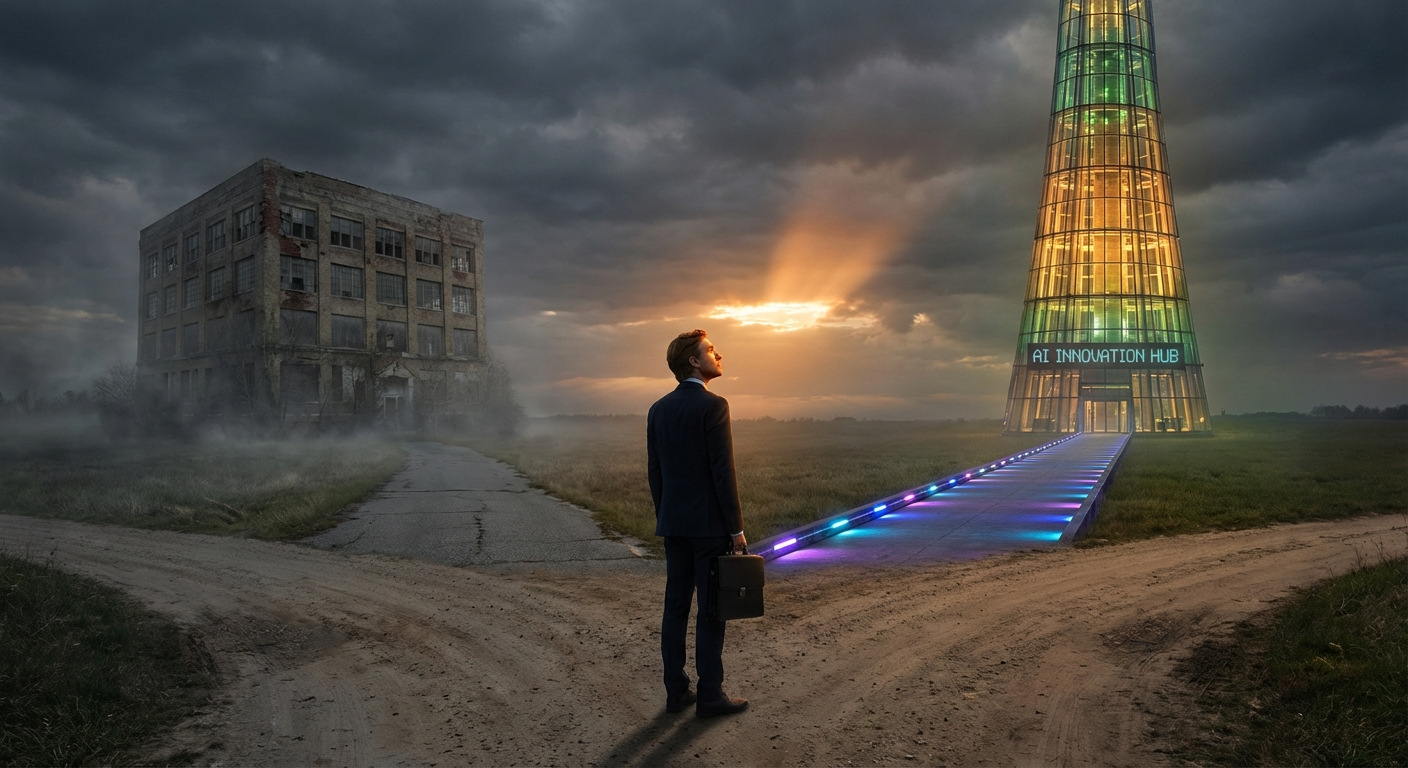 Profesional de negocios en una encrucijada eligiendo entre el pasado tradicional y el futuro con IA