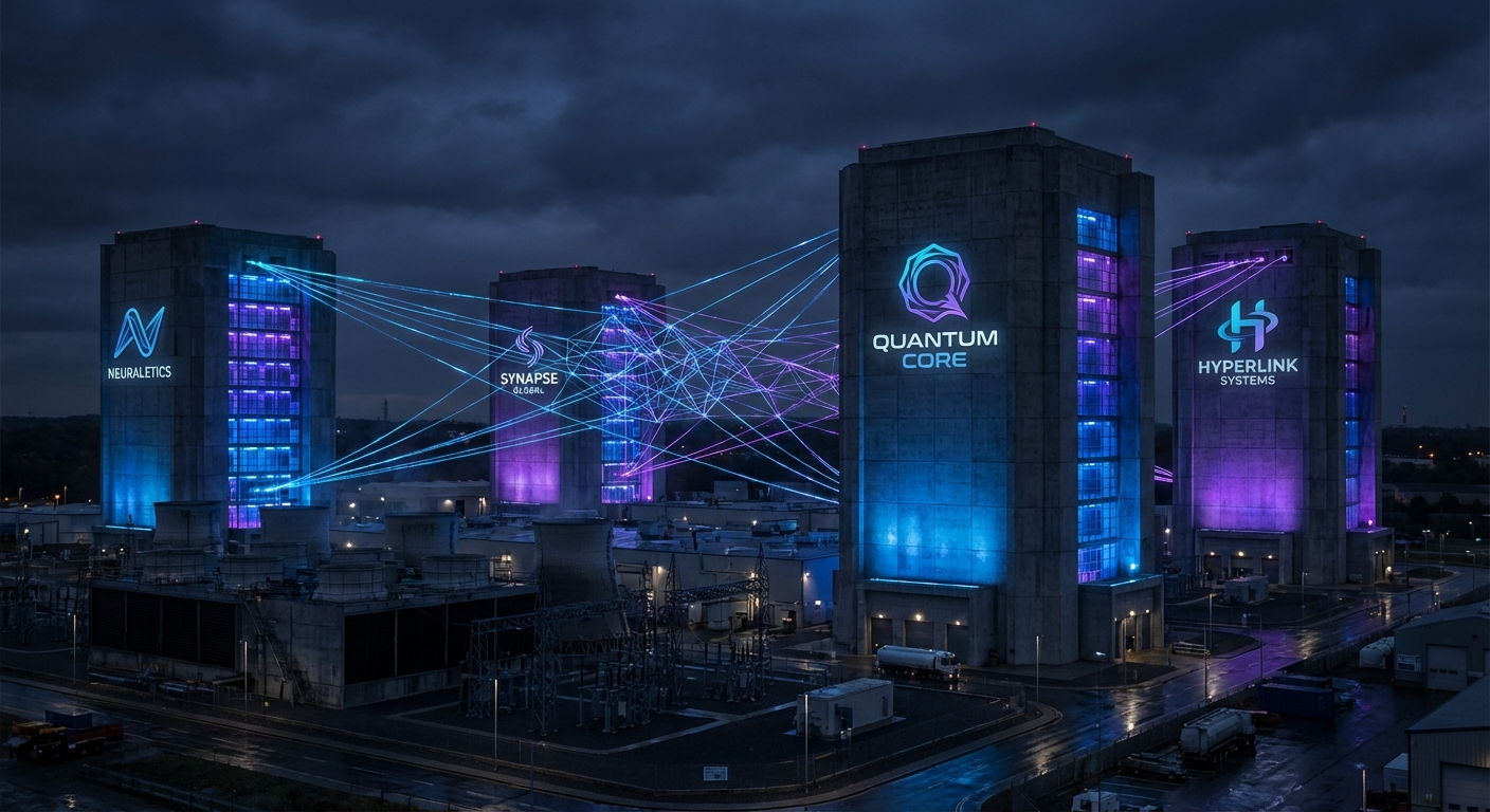 Cuatro datacenters masivos conectados por redes neuronales brillantes, representando la infraestructura de IA de los gigantes tech