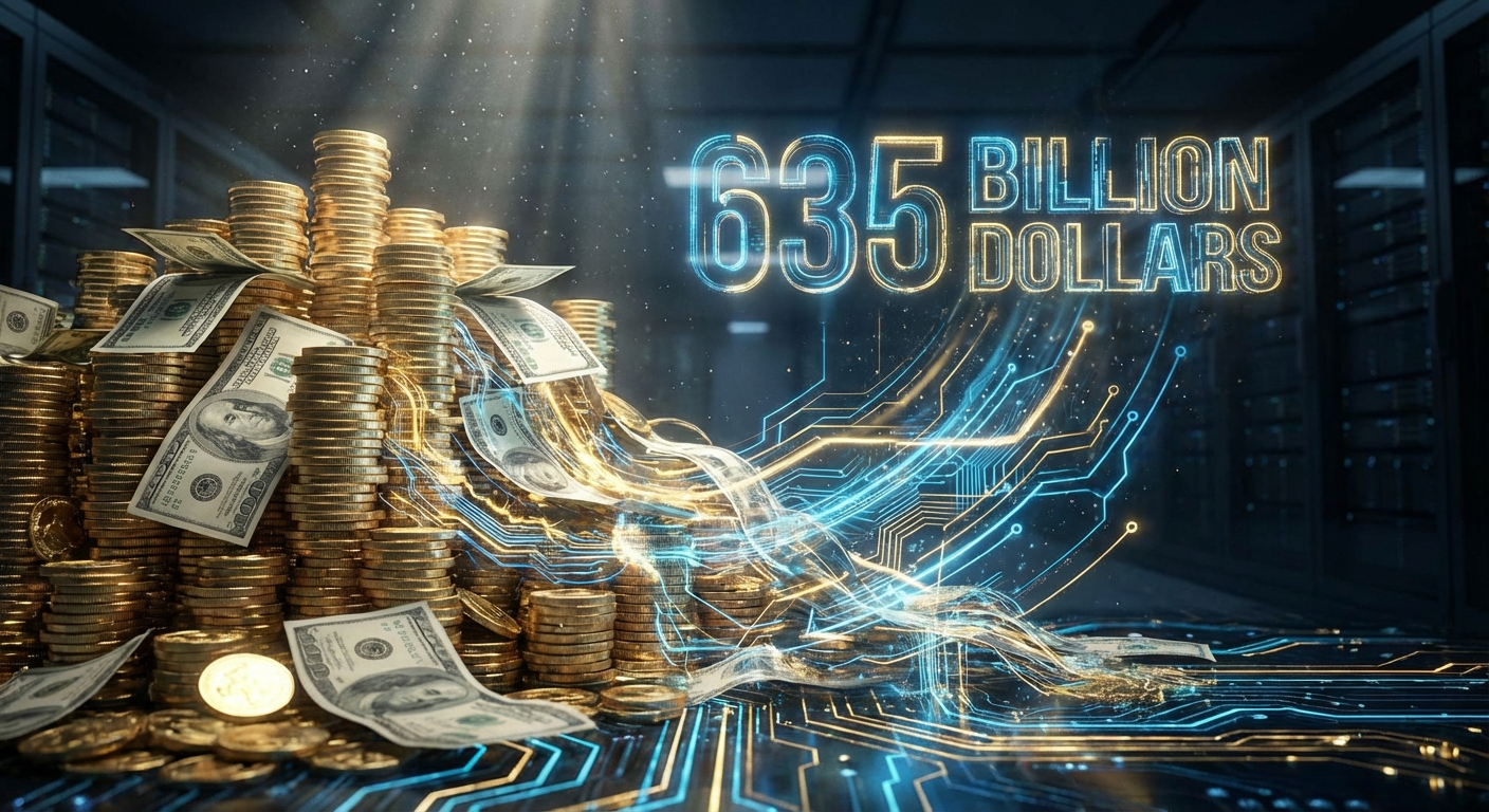 Flujo masivo de inversión transformándose en circuitos de IA, visualización de 635 mil millones de dólares