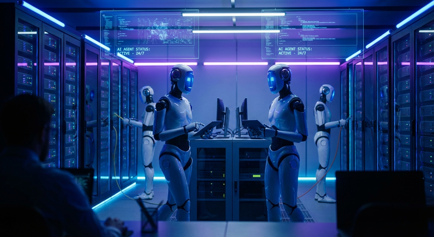 Agentes de IA autónomos trabajando 24/7 en un cuarto de servidores brillante