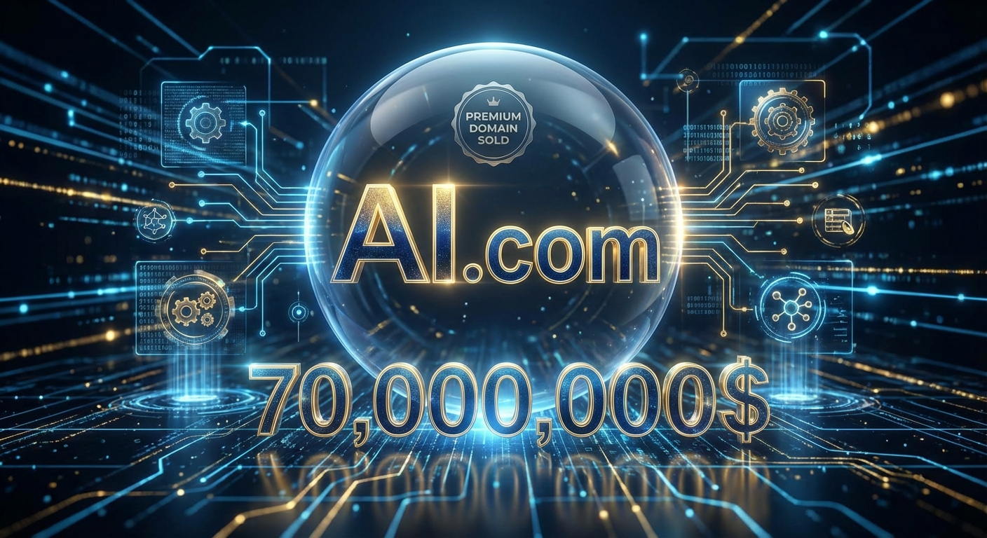 Dominio AI.com brillante flotando en espacio digital con visualización de 70 millones de dólares