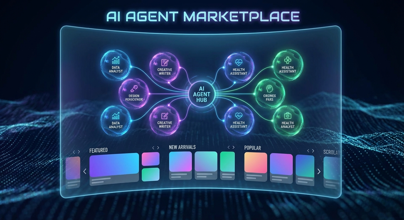 Marketplace de agentes IA con múltiples orbes brillantes conectados en red