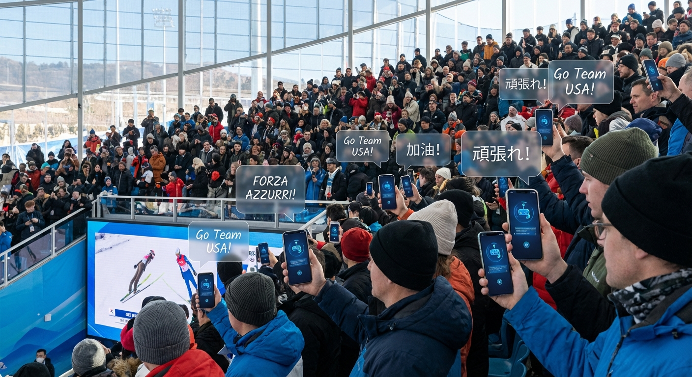 Fans olímpicos usando asistentes de IA multilingües en sus smartphones durante un evento de invierno