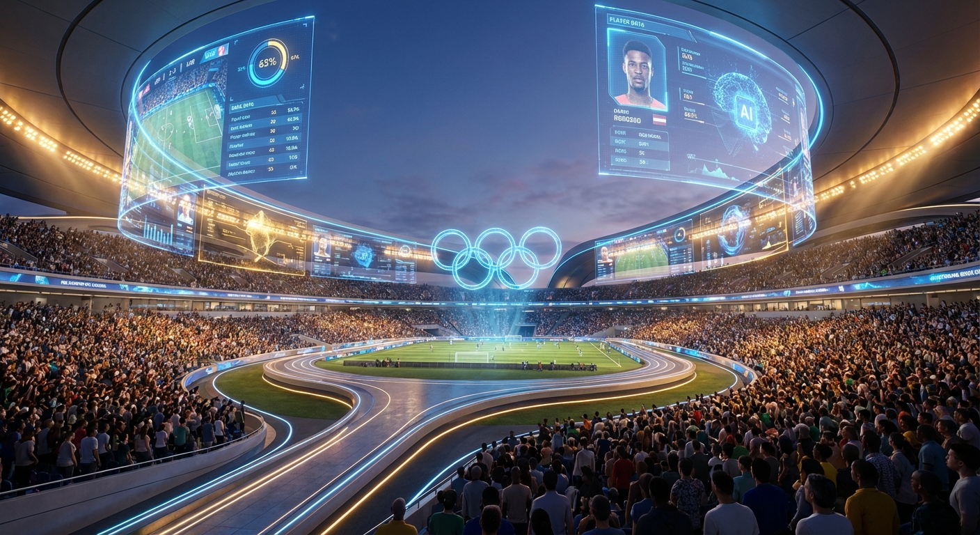 Estadio futurista lleno de espectadores con pantallas holográficas mostrando analíticas de IA en tiempo real