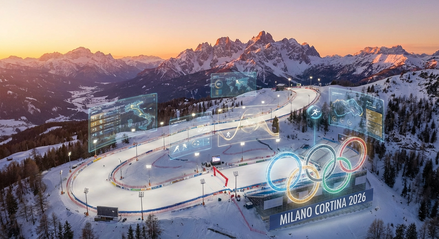Vista aérea de las pistas de esquí de Milano-Cortina 2026 con interfaces holográficas de IA mostrando estadísticas en tiempo real