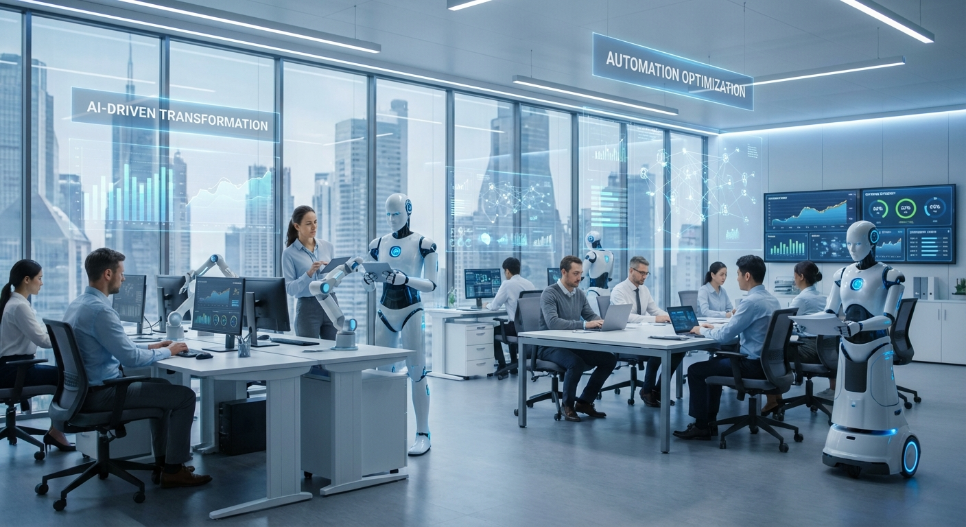 Oficina moderna con robots y humanos trabajando juntos en automatización