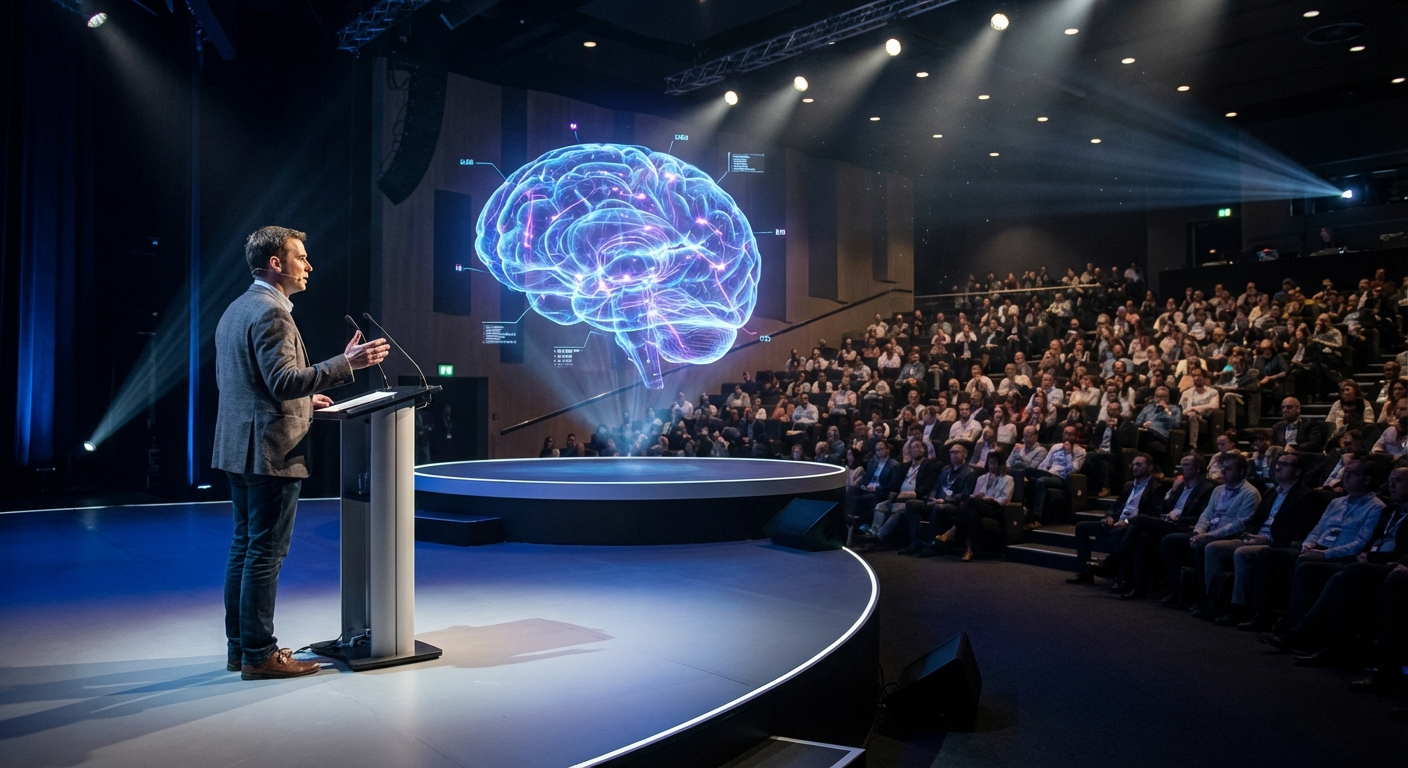CEO de tech dando discurso con cerebro de IA holográfico detrás