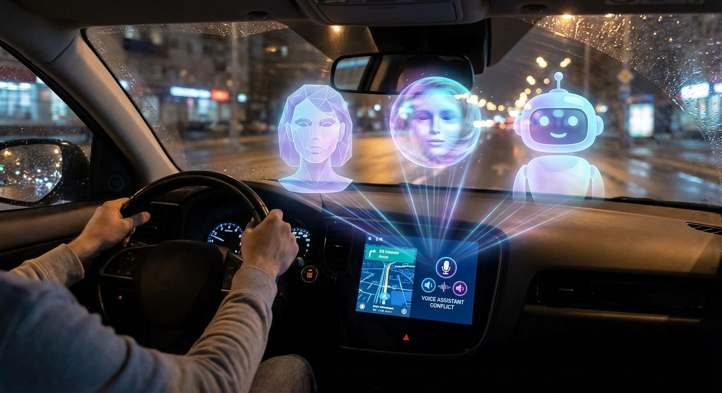 Múltiples asistentes de IA holográficos apareciendo desde el tablero de un auto