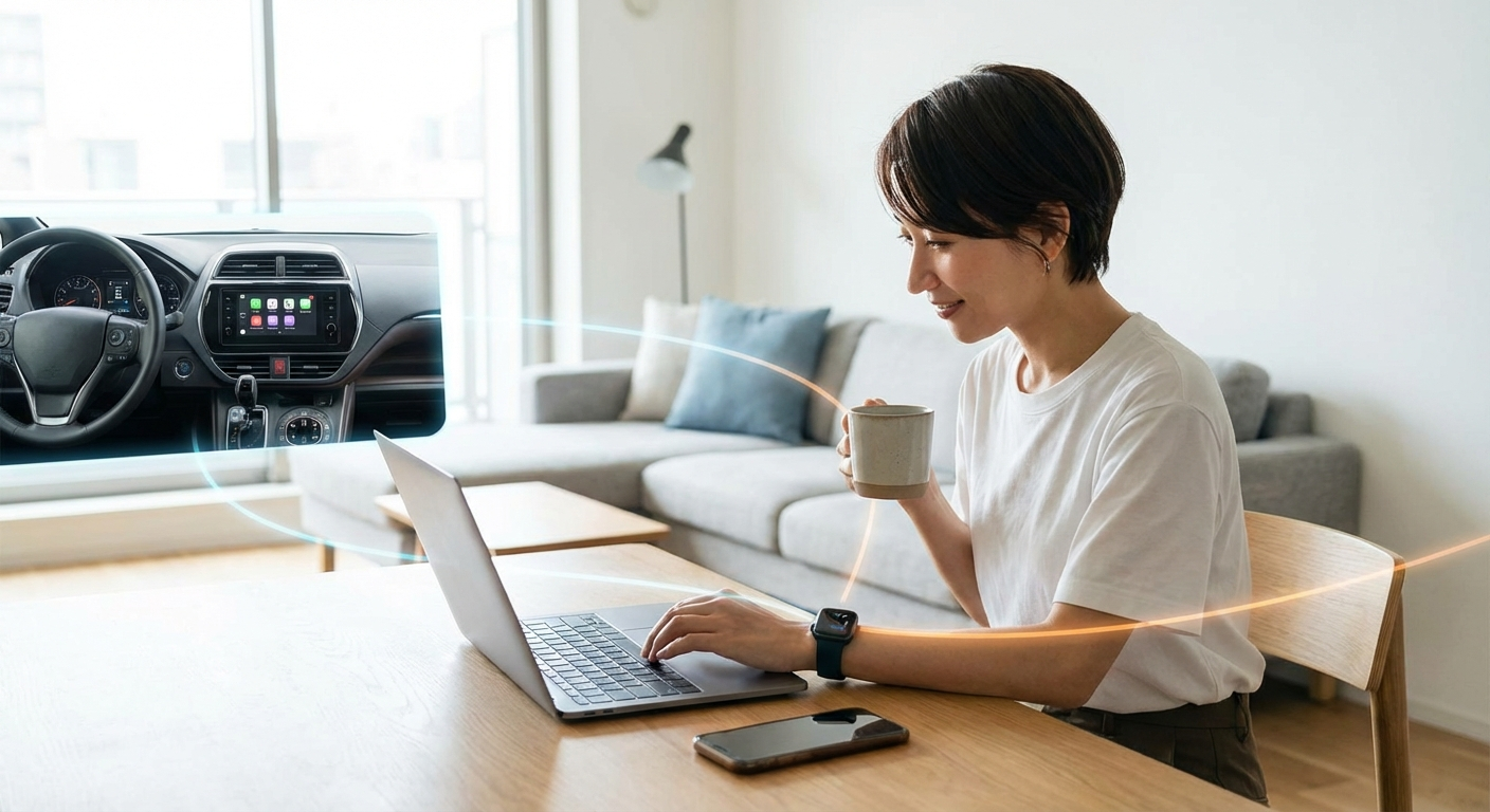Persona rodeada de dispositivos con IA: reloj, teléfono, laptop y tablero de auto, todos conectados