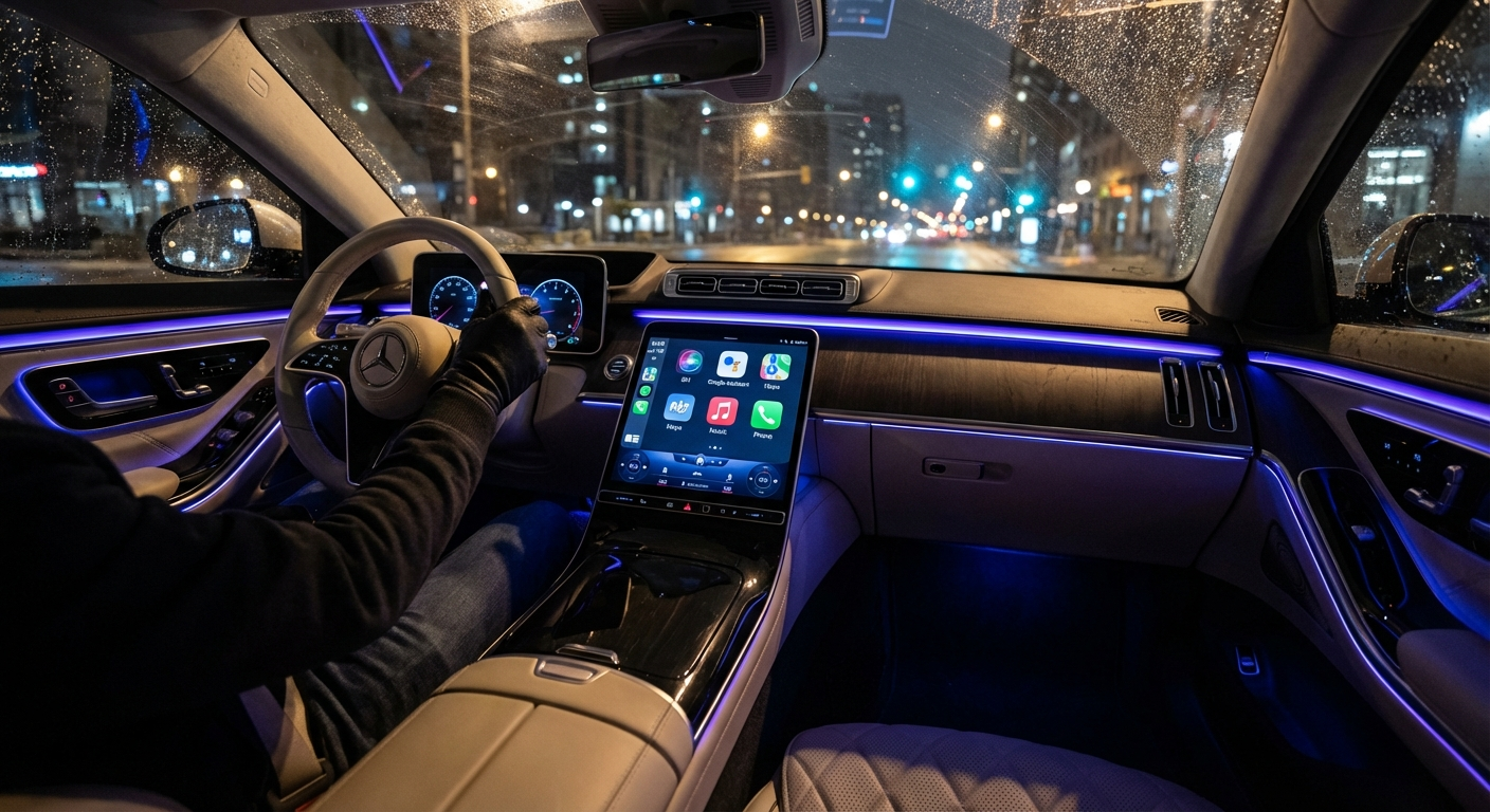 Interior de un auto moderno con pantalla CarPlay mostrando interfaz de asistentes de IA
