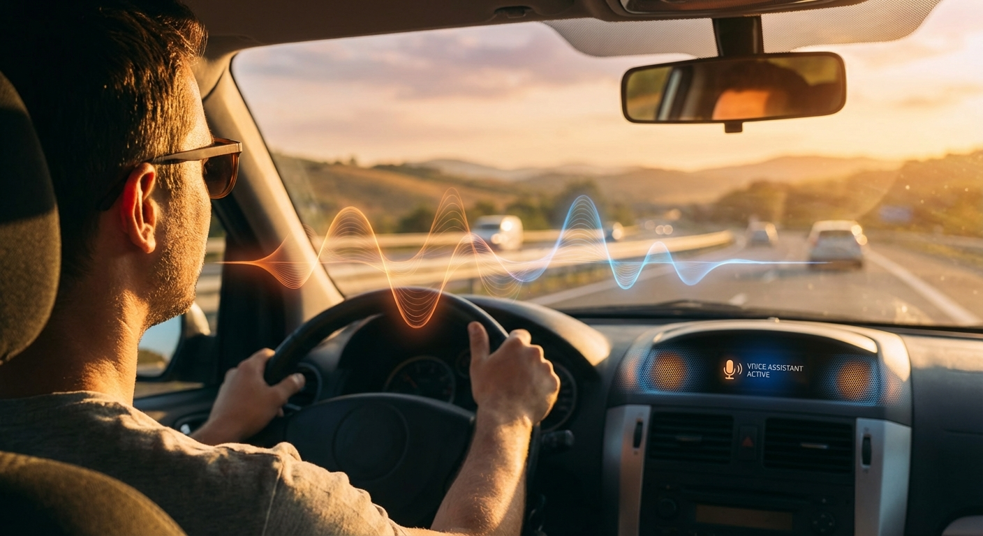 Persona conduciendo al atardecer interactuando con asistente de voz en su auto