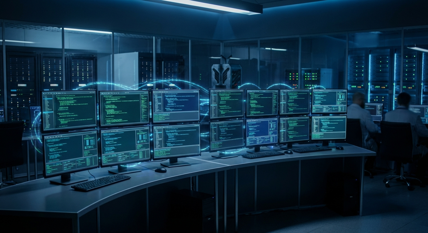 Sala de control con 16 monitores mostrando código siendo escrito simultáneamente por agentes de IA