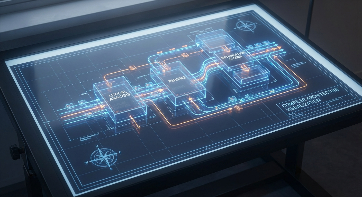 Visualización 3D de la arquitectura compleja de un compilador con flujos de datos conectados