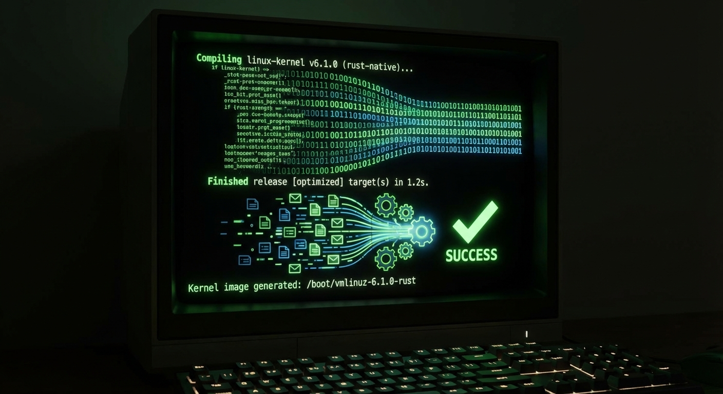 Terminal mostrando compilación exitosa del kernel de Linux con código Rust