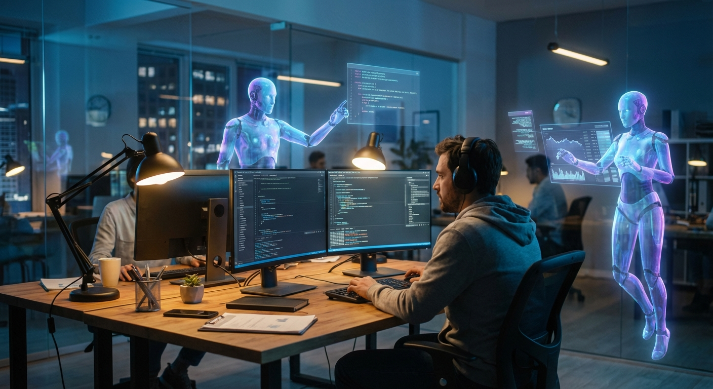 Ingeniero de software supervisando múltiples agentes de IA holográficos trabajando en código