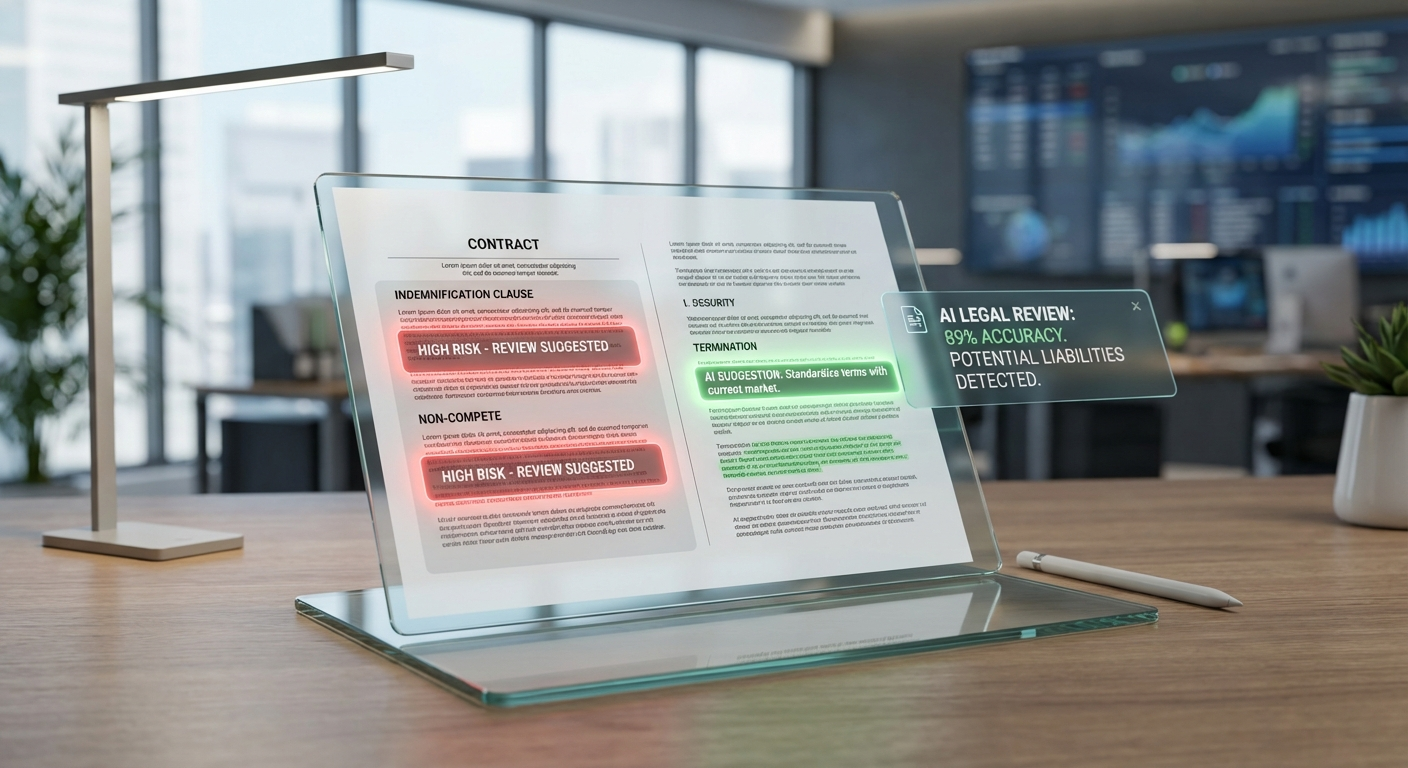 Contrato digital en tablet con análisis de IA resaltando áreas de riesgo y sugerencias