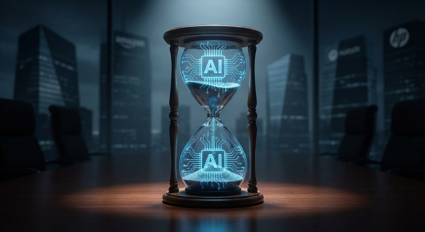 Reloj de arena con símbolos de IA representando la urgencia de adoptar tecnología