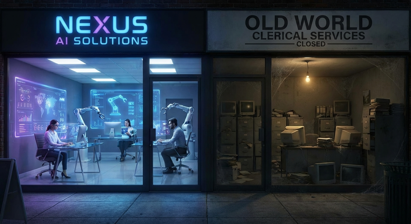 Contraste entre oficina moderna con IA brillante y activa vs oficina obsoleta oscura y vacía