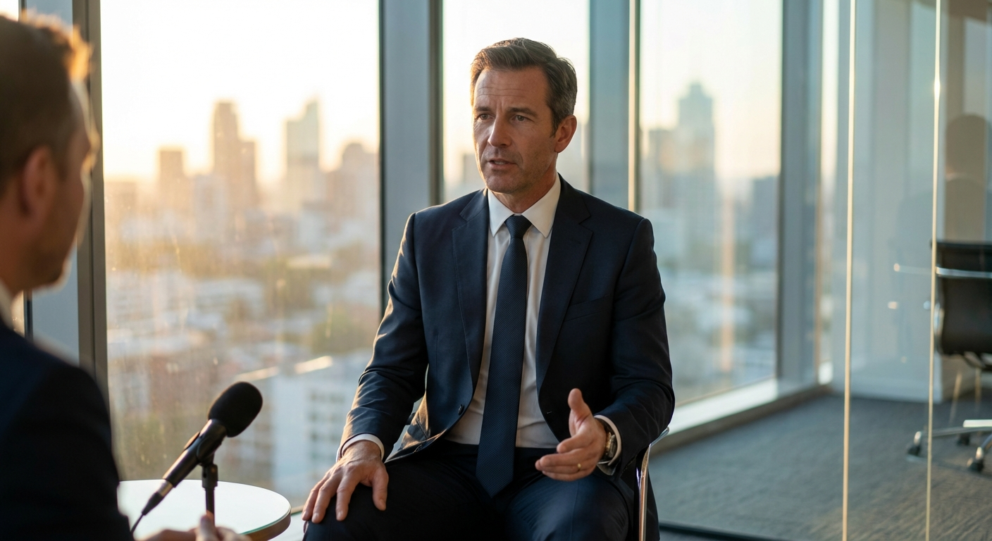 CEO ejecutivo dando entrevista en oficina corporativa moderna con vista a la ciudad
