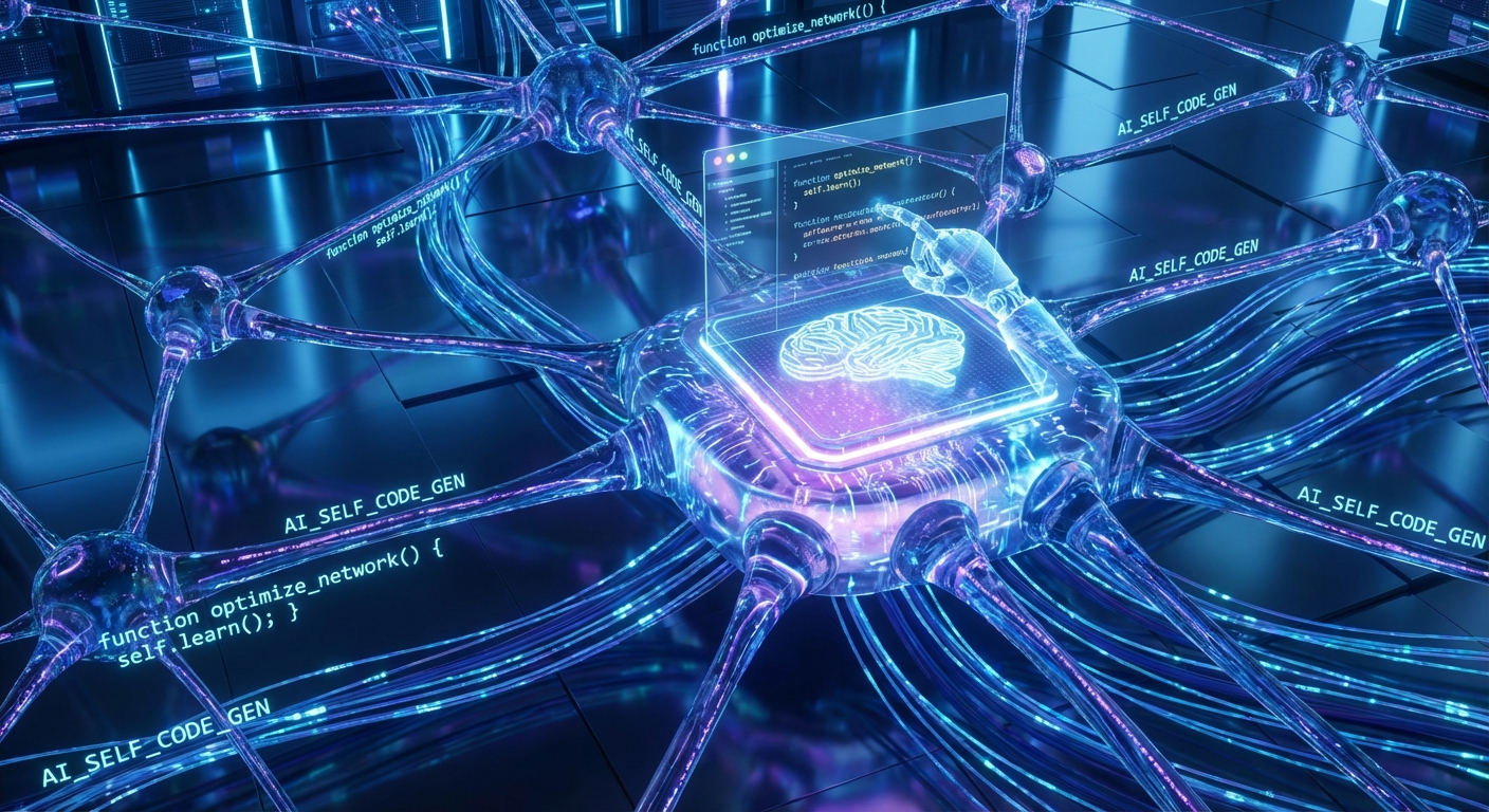 Red neuronal de IA con flujos de código conectando nodos brillantes