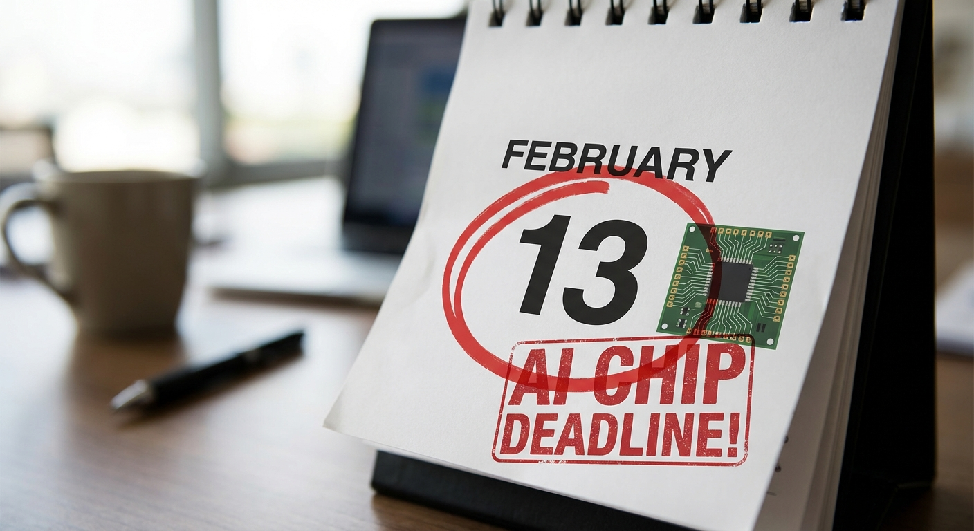 Página de calendario mostrando febrero 13 con marca de deadline y chip de IA