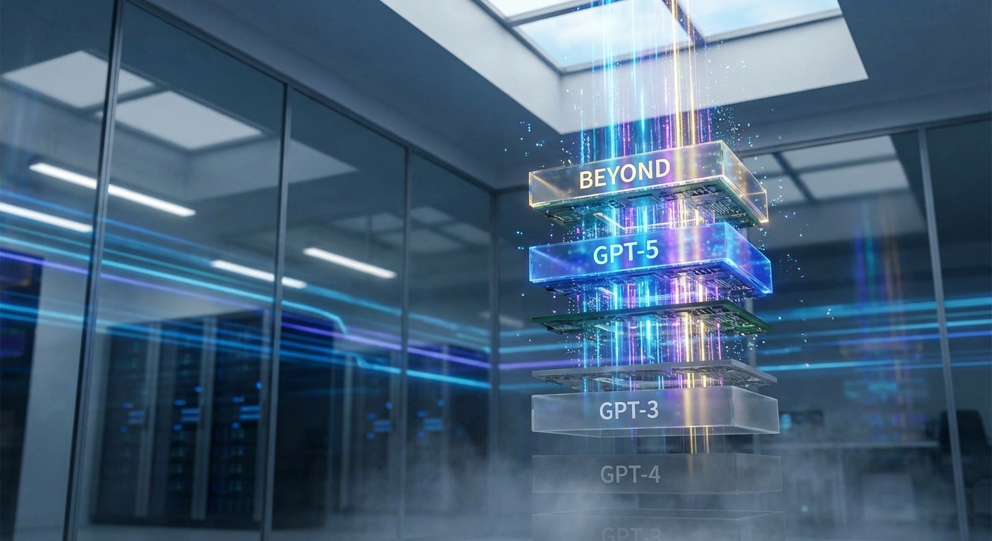 Visualización de la evolución de modelos de IA desde GPT-3 hasta GPT-5, capas inferiores desvaneciéndose
