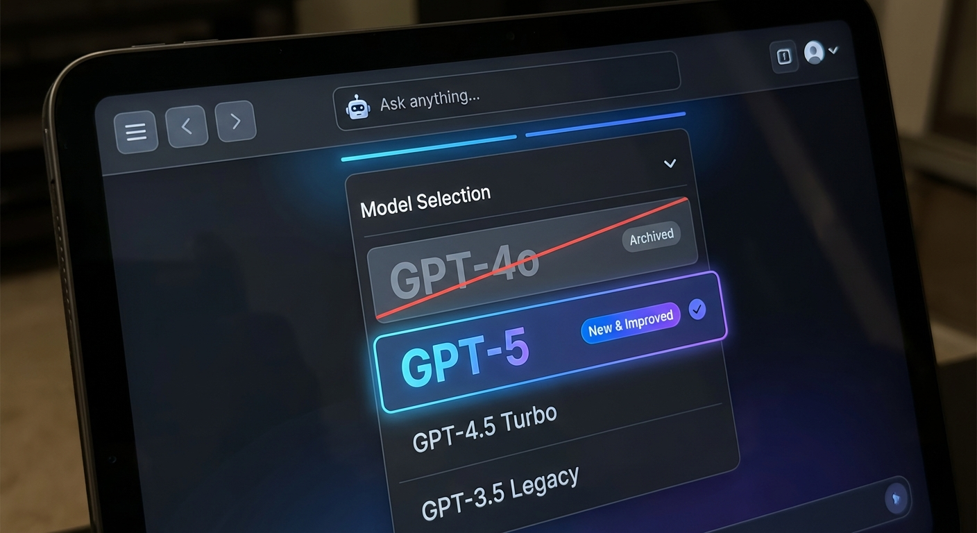 Interfaz de ChatGPT mostrando selector de modelos con GPT-4o tachado y GPT-5 destacado