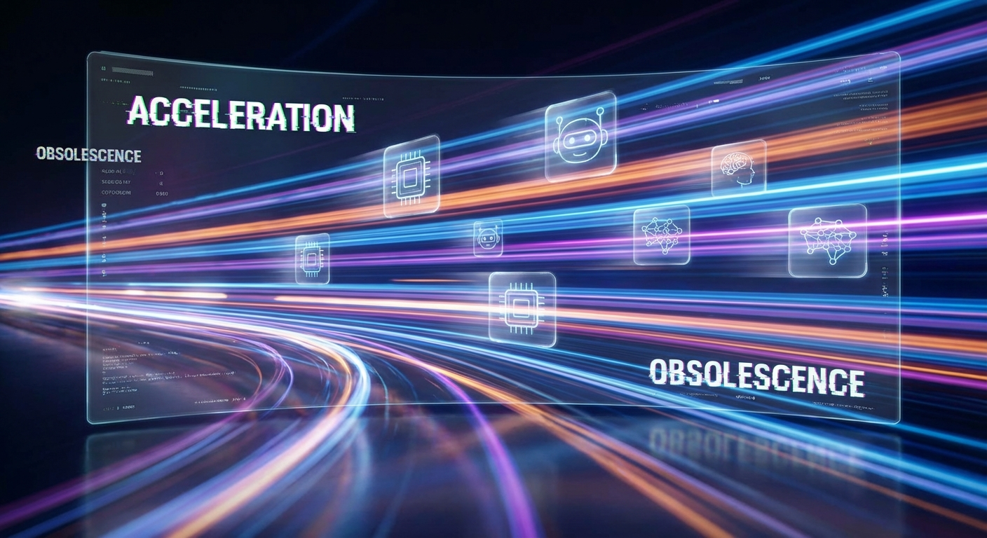 Líneas de velocidad digitales representando la rápida obsolescencia tecnológica