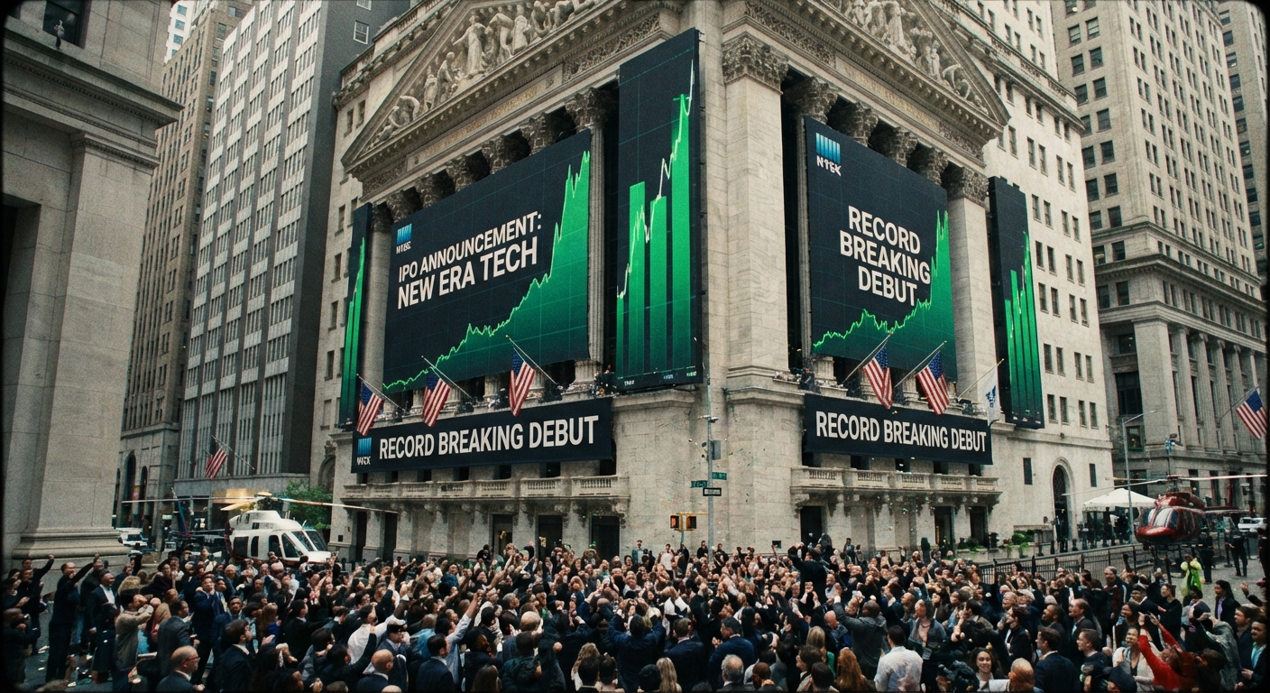 Wall Street con anuncio masivo de IPO en pantallas digitales