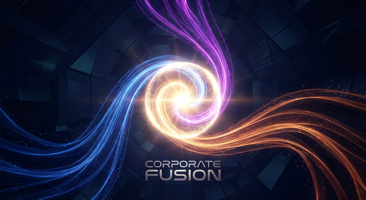 Tres flujos de energía convergiendo en una luz central representando la fusión