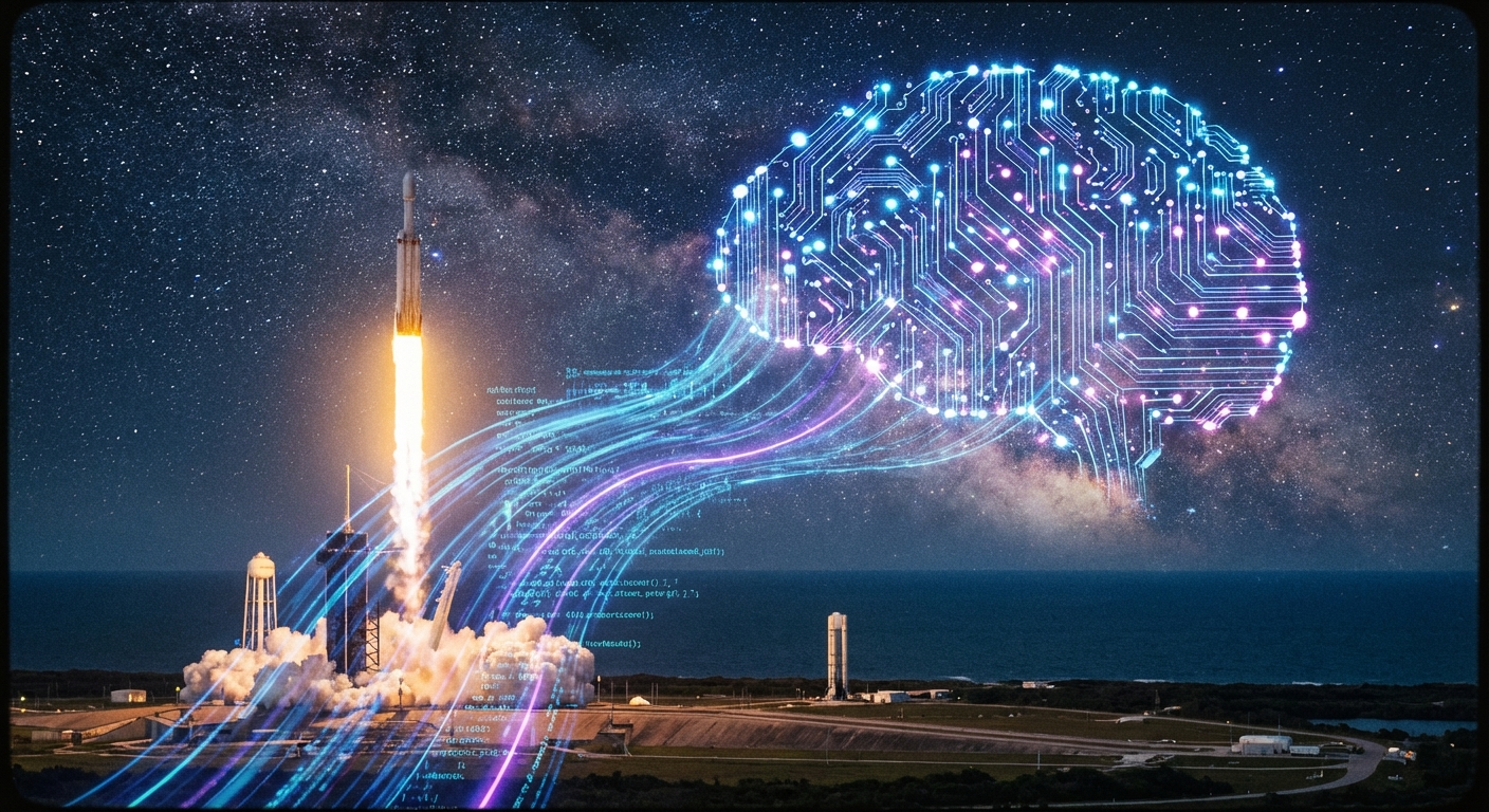 Cohete SpaceX lanzándose con flujos de datos digitales fusionándose con patrones de IA