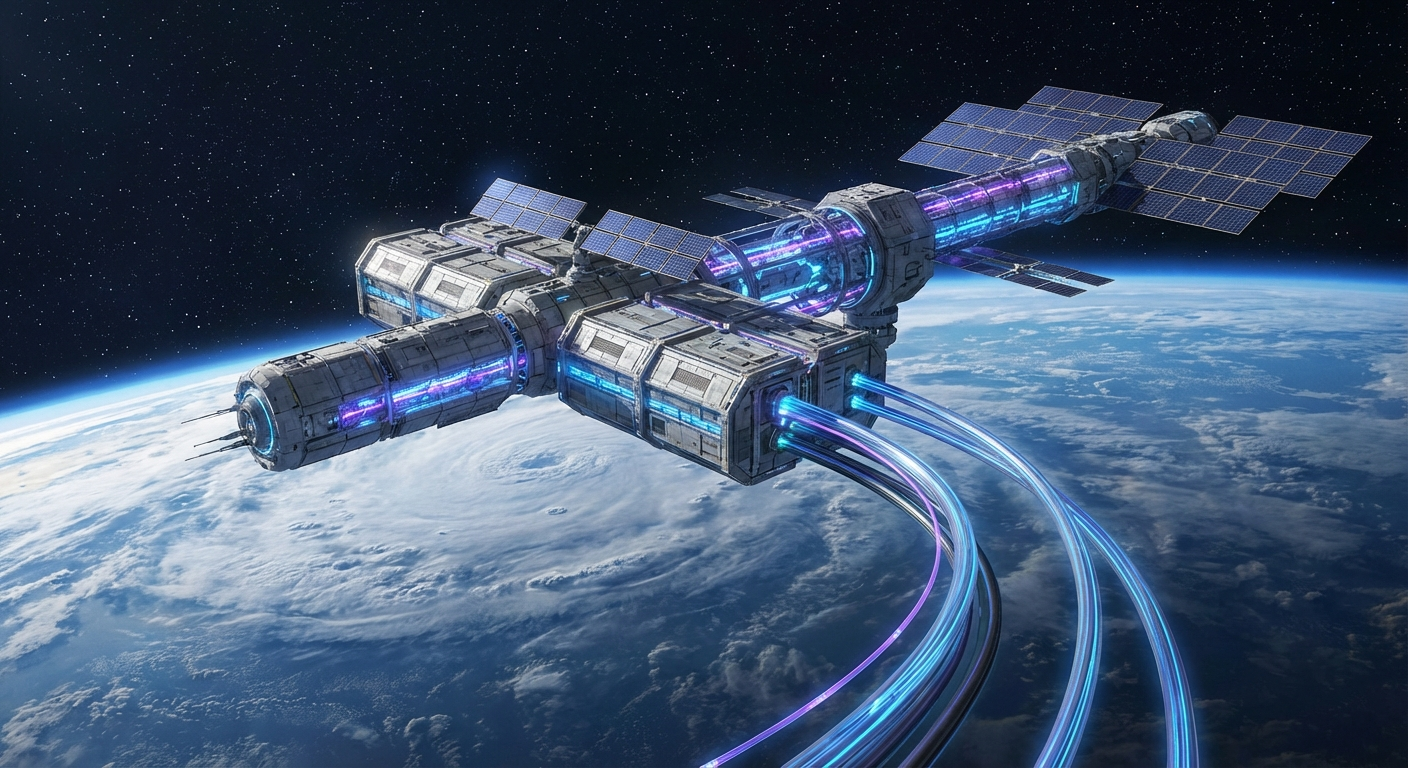 Data center futurista flotando en órbita espacial con la Tierra visible