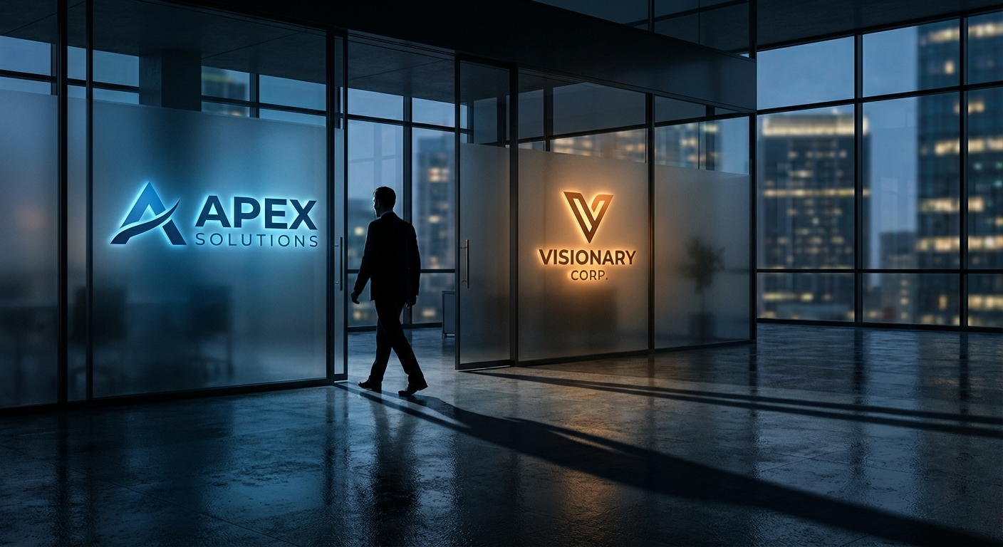 Ejecutivo caminando entre dos empresas tech en concepto de headhunting corporativo