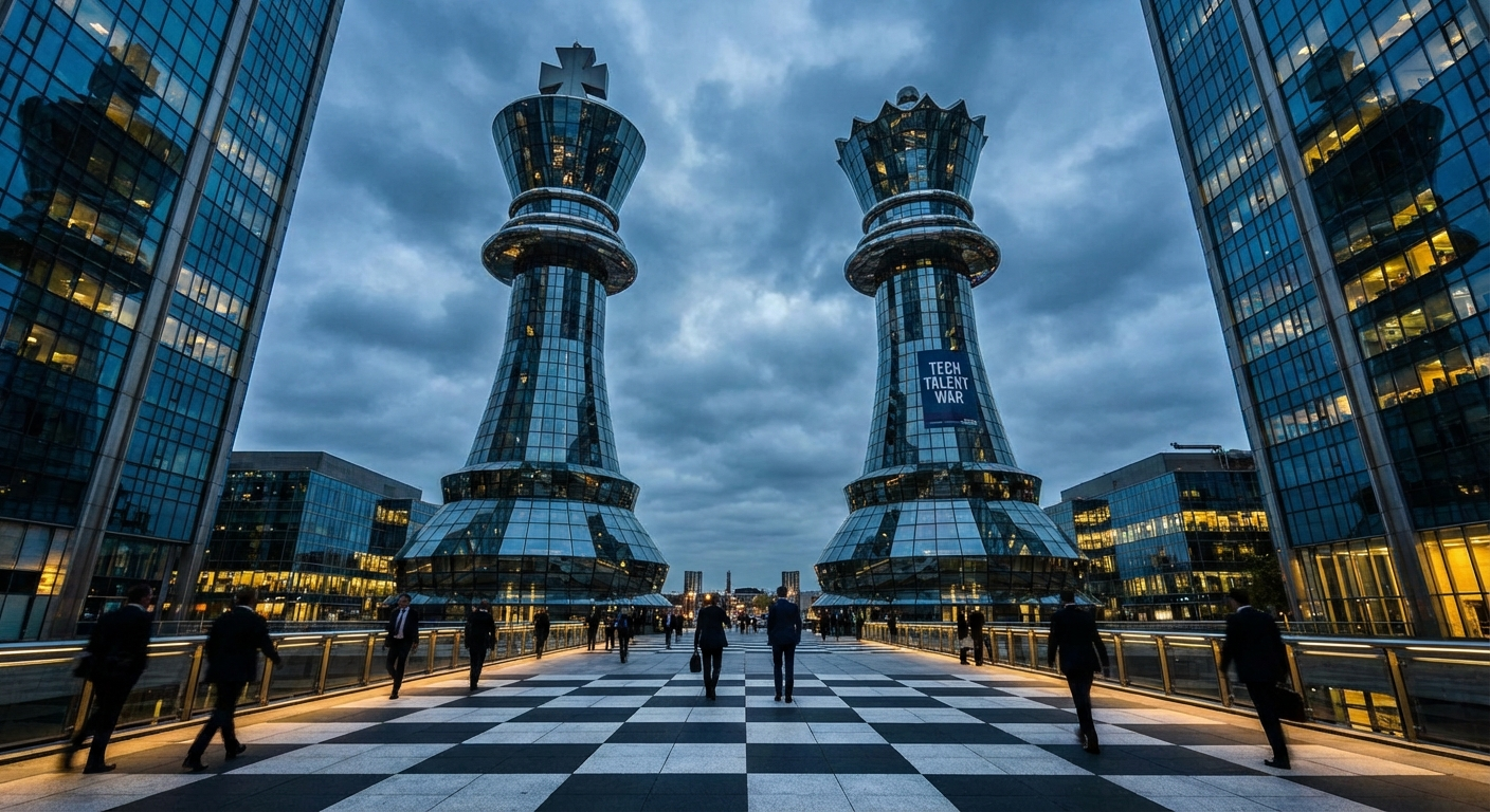 Torres corporativas enfrentándose como piezas de ajedrez en guerra de talento