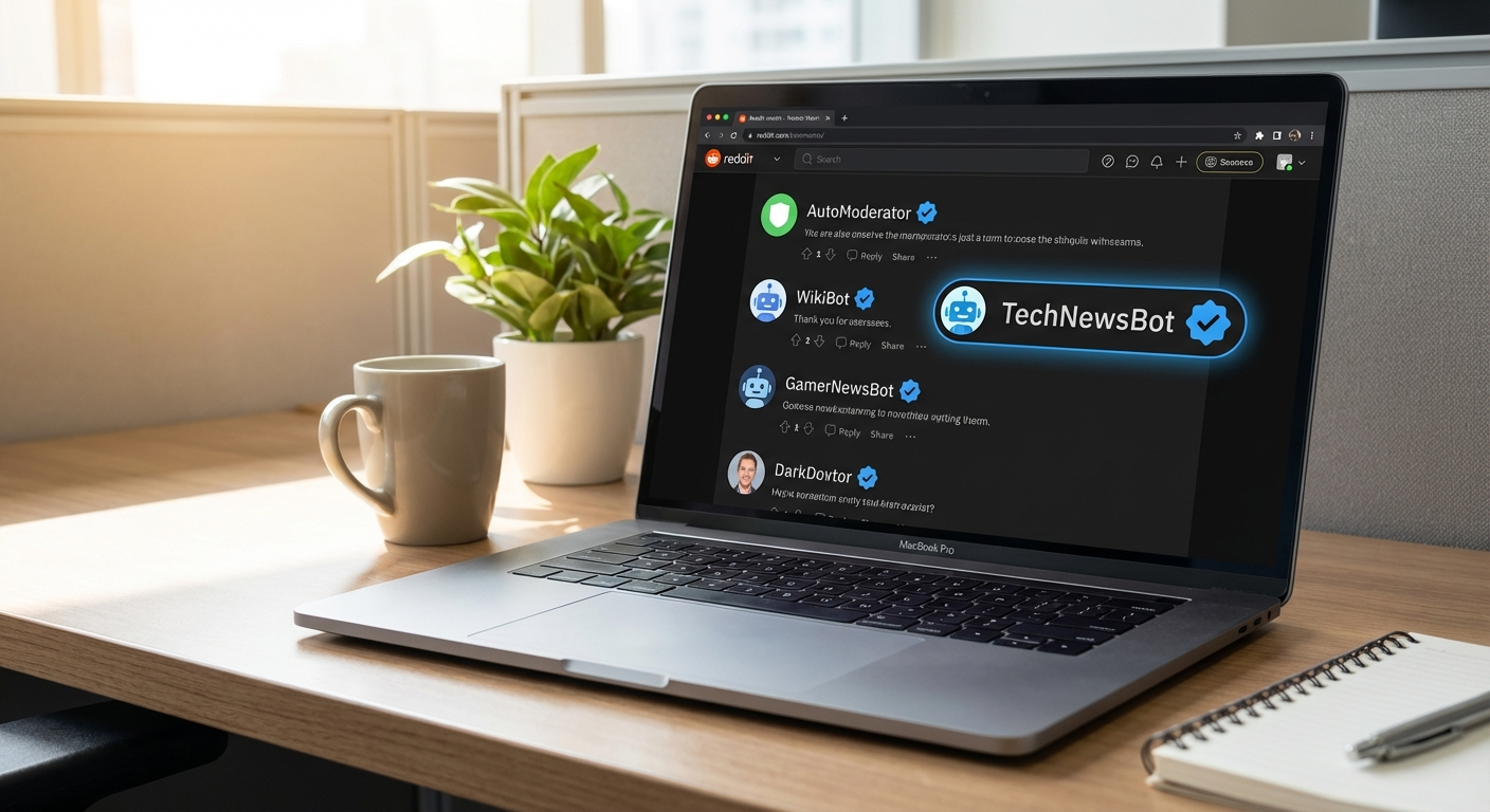 Interfaz de Reddit mostrando cuentas con insignias de verificación de bot