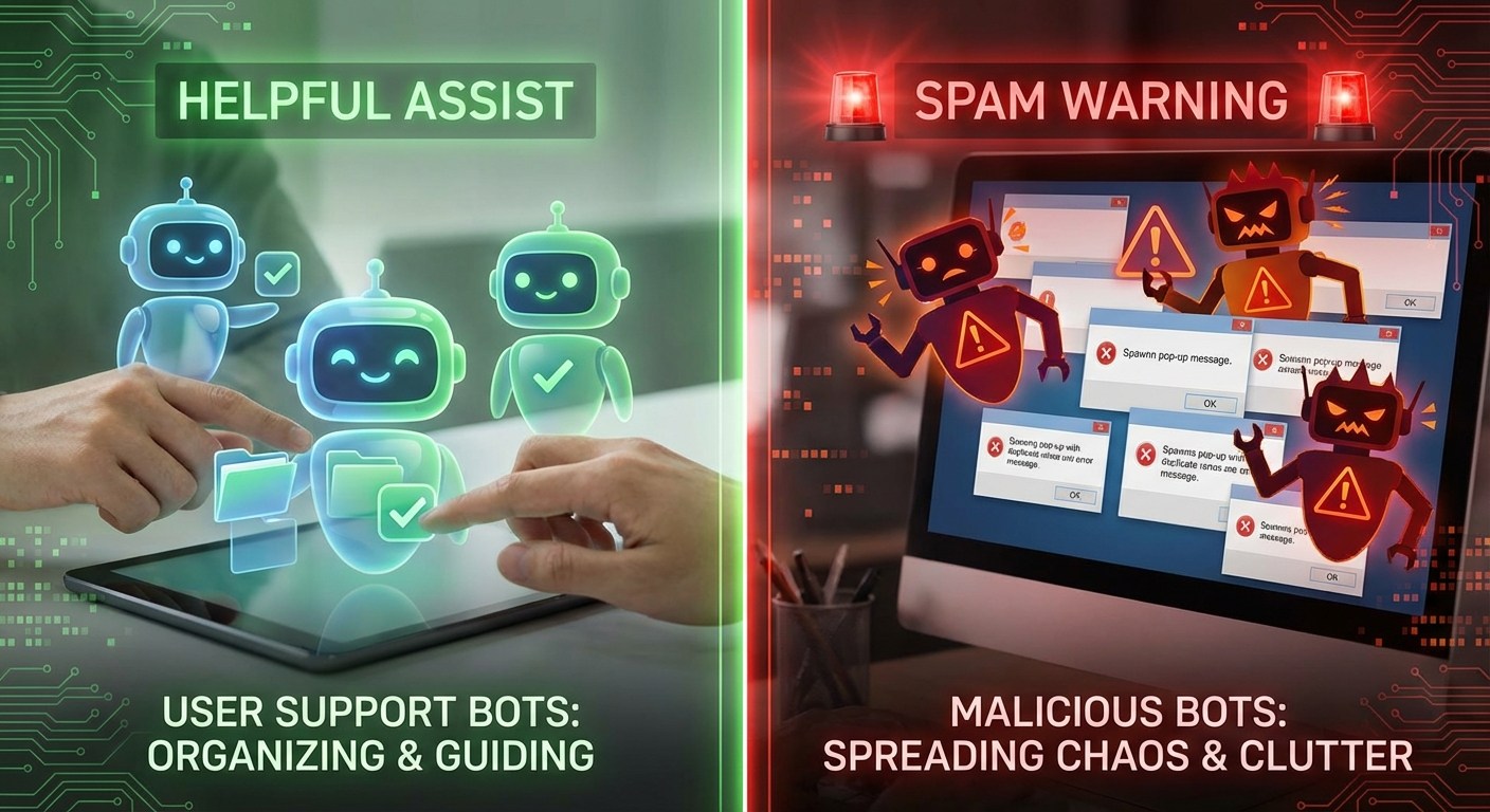 Contraste entre bots útiles brillando en verde y bots maliciosos de spam en rojo