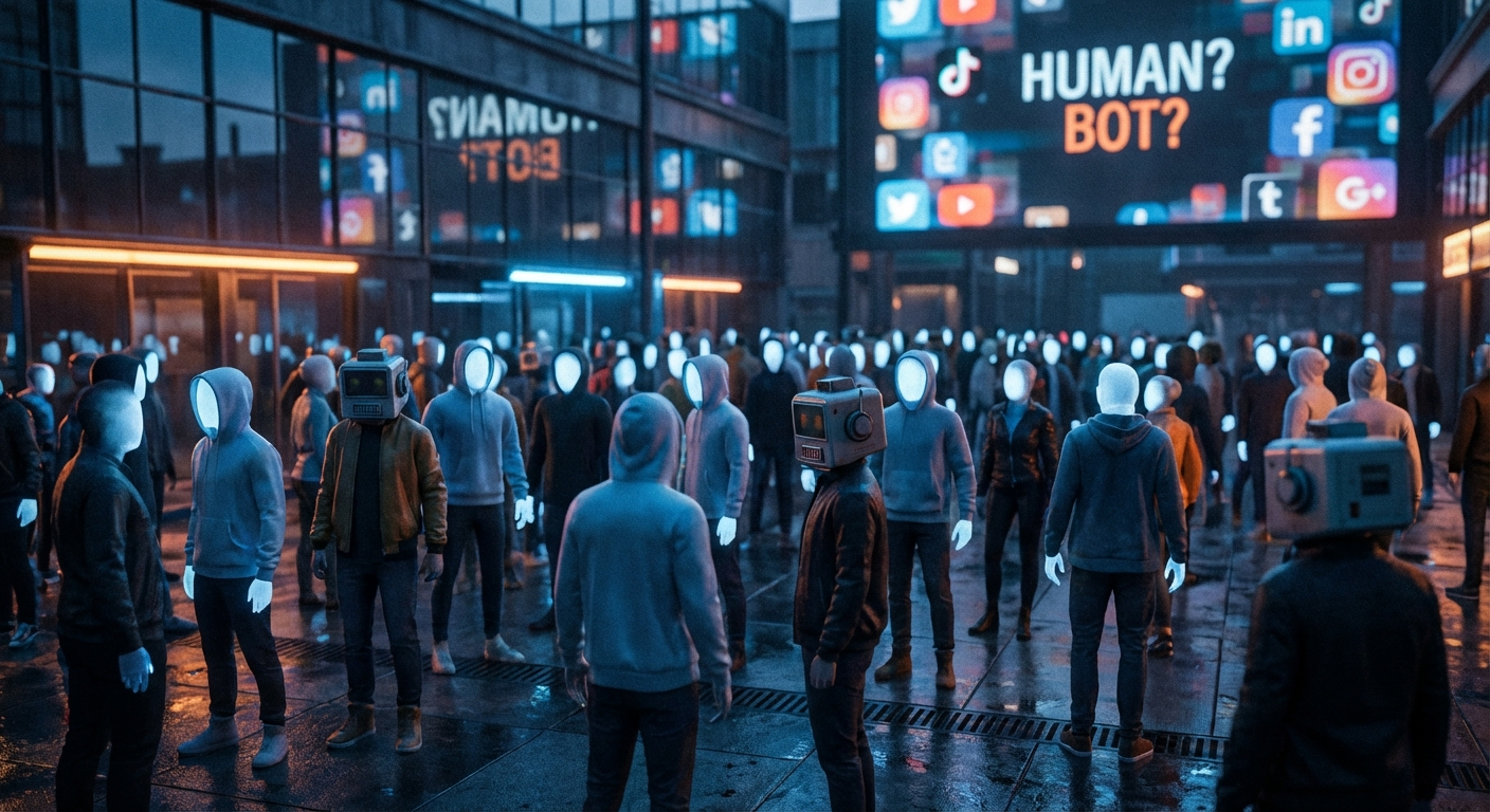 Multitud de avatares digitales con algunos rostros de robot mezclados, representando el desafío de distinguir humanos de bots