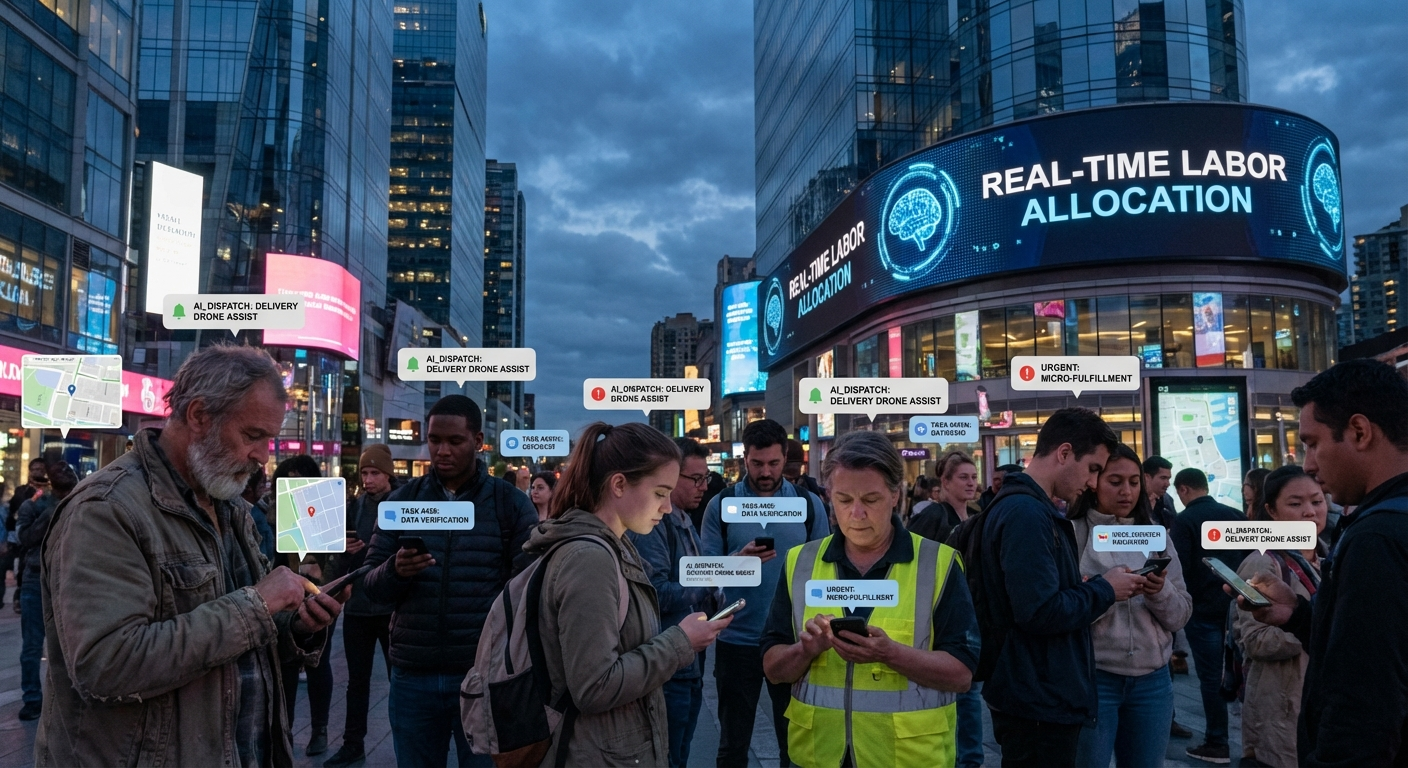 El futuro: trabajadores gig recibiendo tareas de sistemas de IA