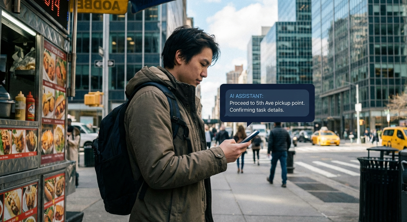 Trabajador gig revisando instrucciones de IA en su teléfono