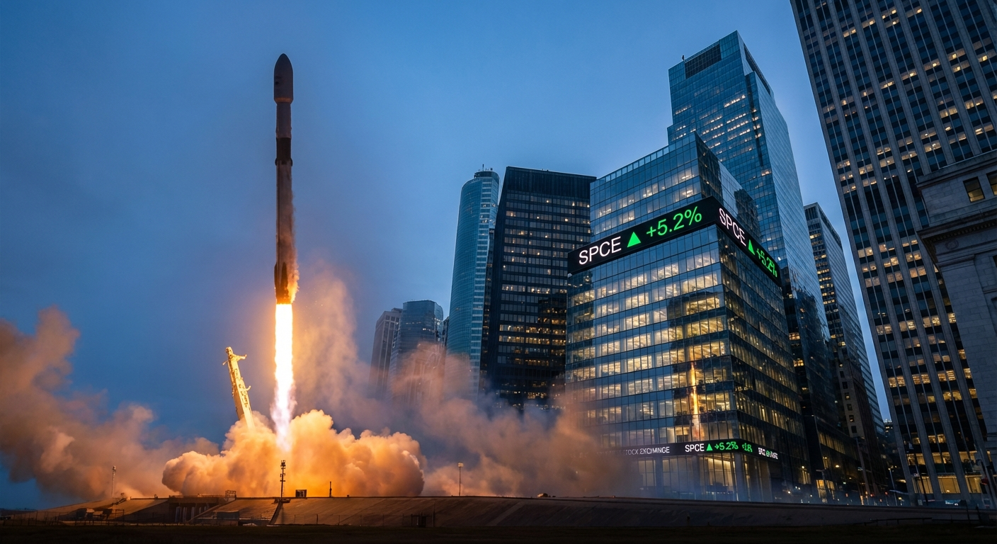 Cohete SpaceX lanzándose con edificio de Wall Street en el fondo, fusionando exploración espacial con finanzas
