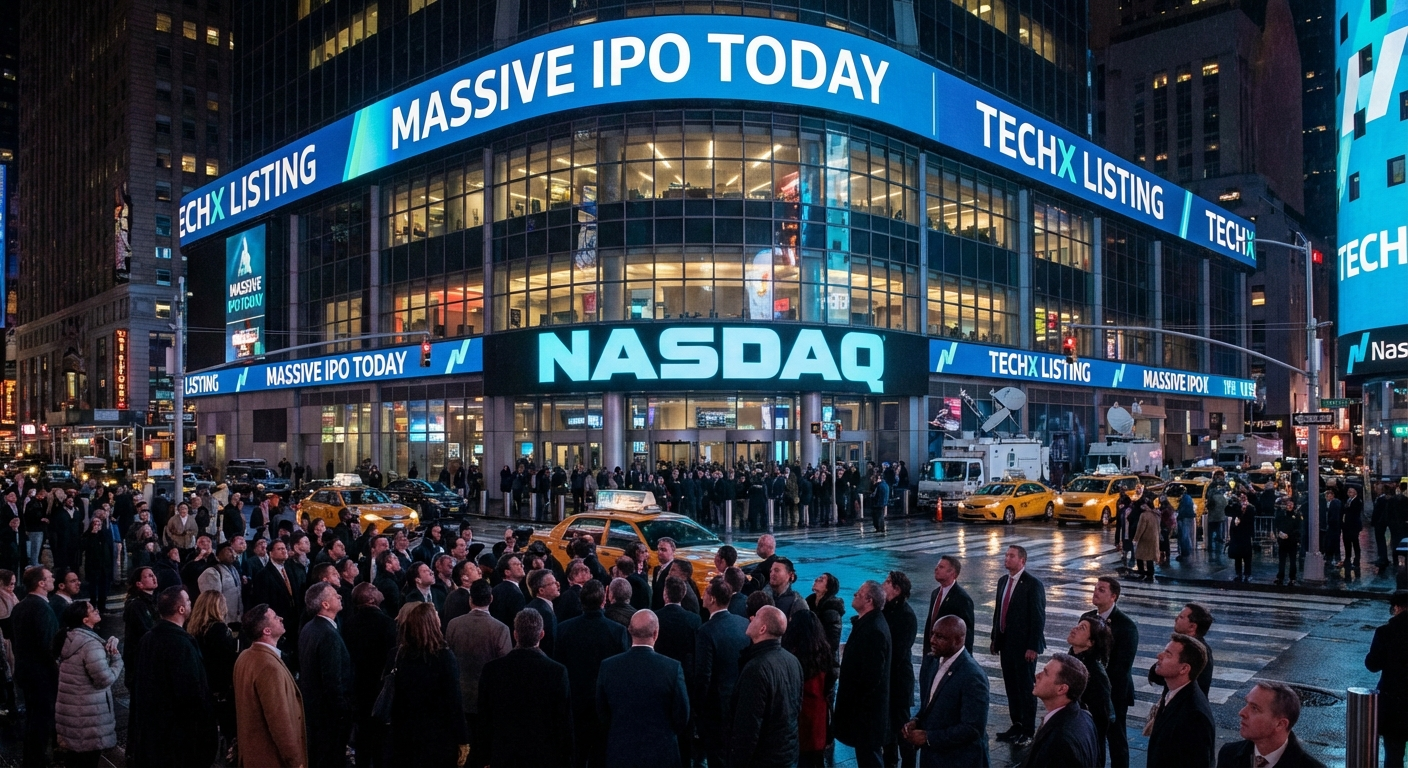 Edificio Nasdaq con banner de IPO brillando de noche, multitud de inversionistas mirando hacia arriba