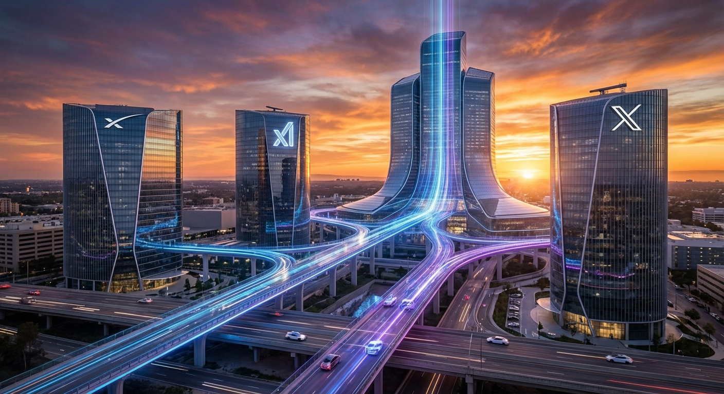 Tres sedes corporativas fusionándose en una, representando la unión de SpaceX, xAI y X