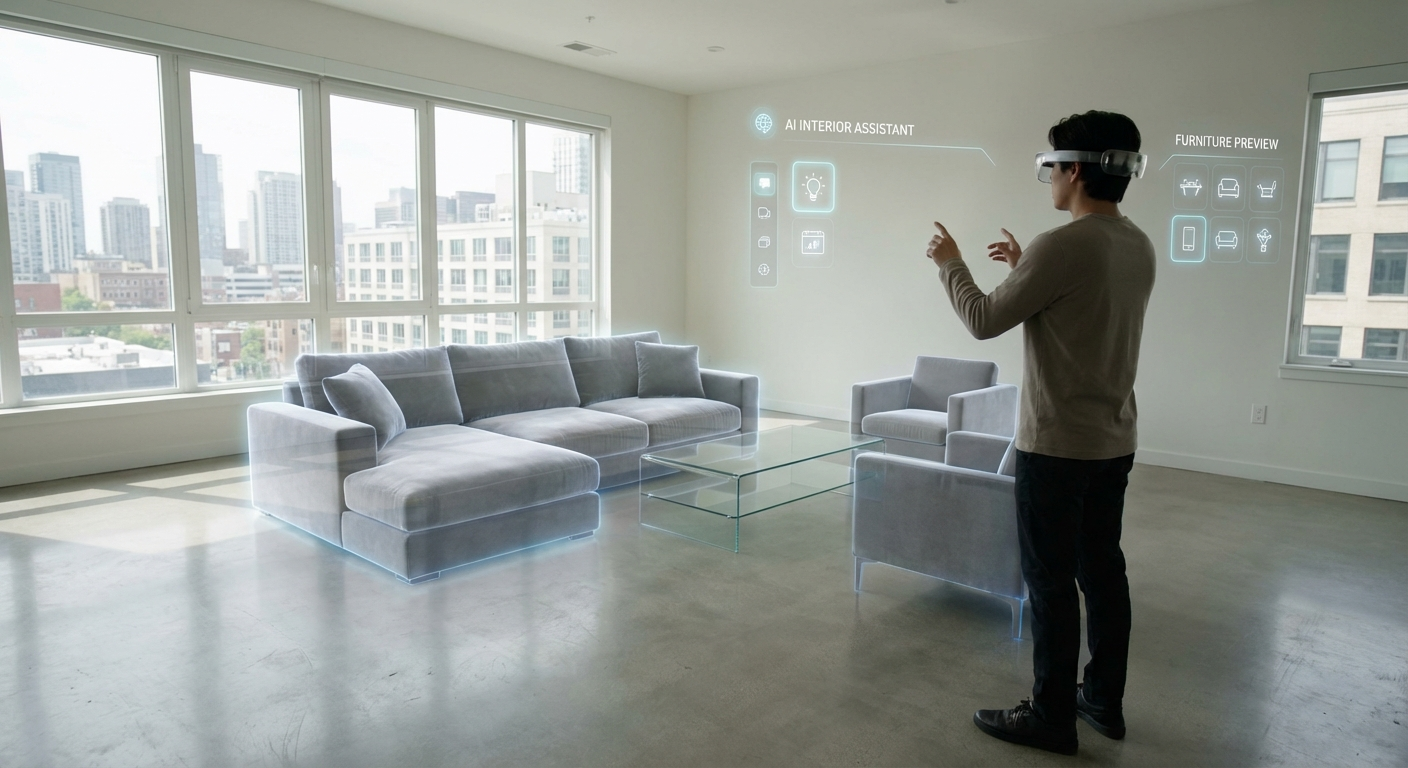 Asistente IA de diseño de interiores con vista previa holográfica de muebles