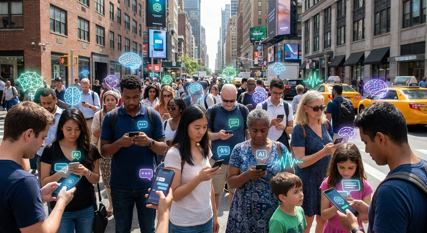 Multitud diversa usando smartphones con interfaces de IA, la IA se vuelve mainstream