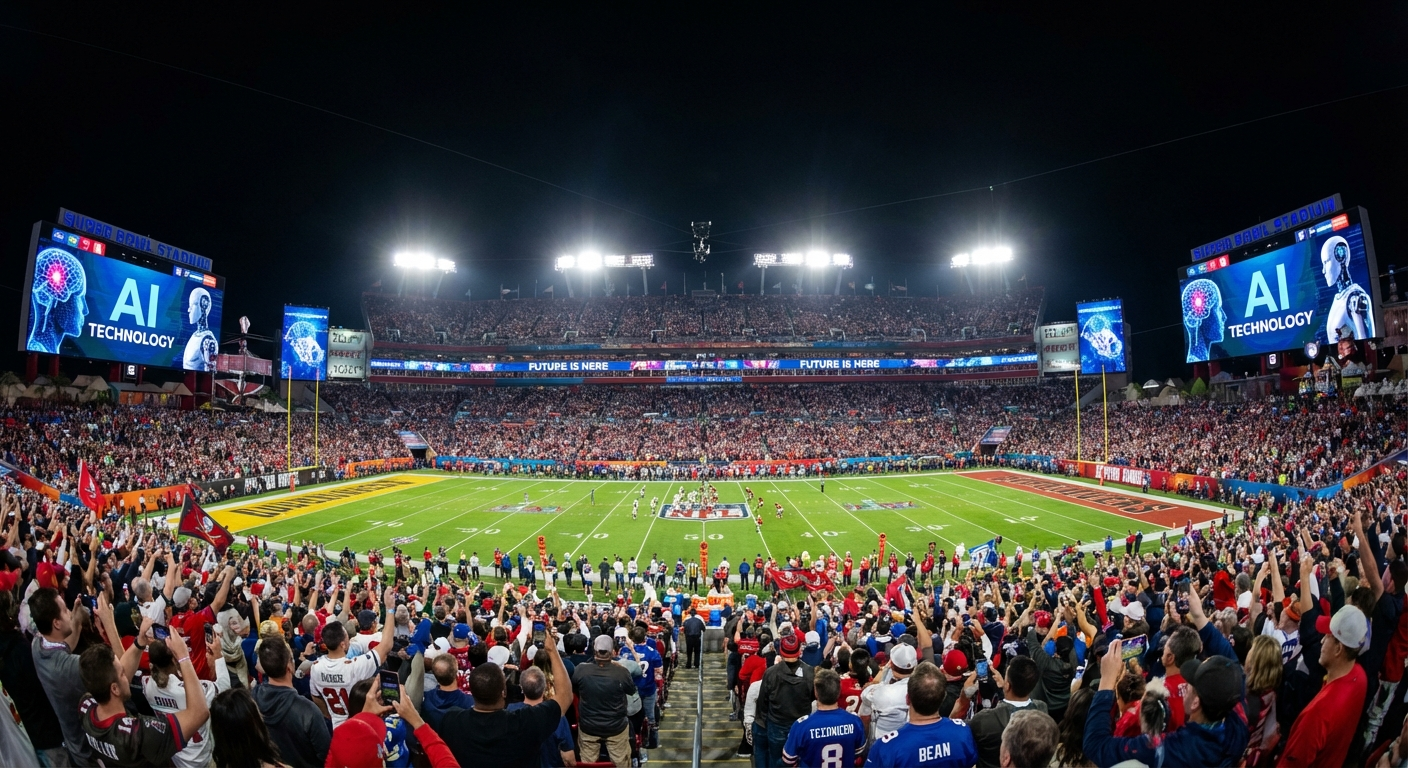 Estadio de Super Bowl con pantallas LED gigantes mostrando anuncios de tecnología IA