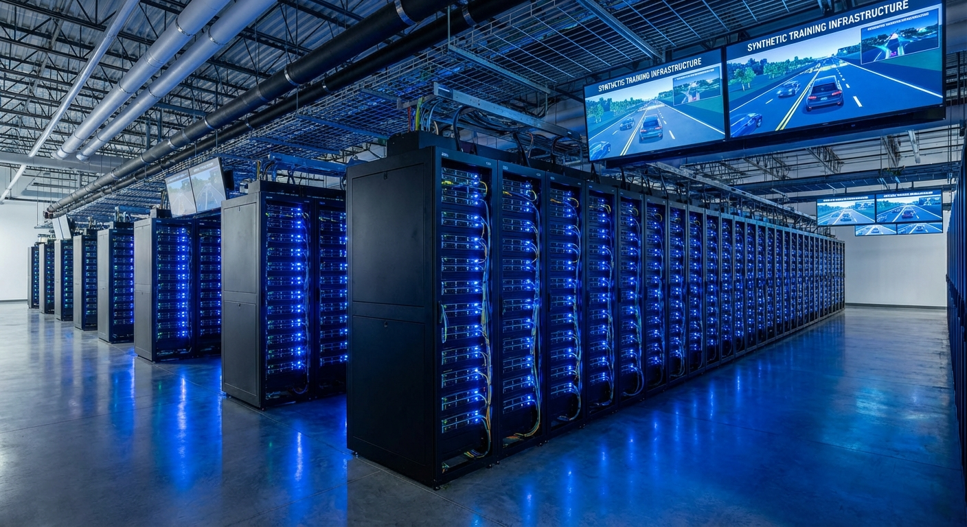 Datacenter masivo con servidores que entrenan vehículos autónomos de forma sintética