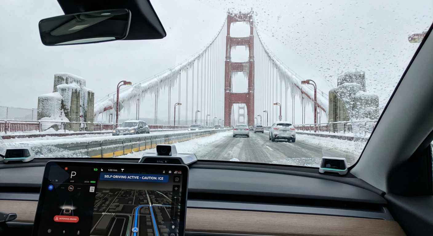 Golden Gate Bridge cubierto de nieve y hielo, desde la perspectiva de un auto autónomo