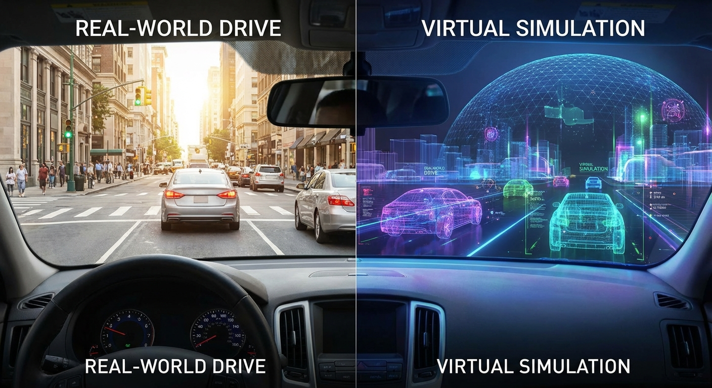 Comparación entre conducción en calle real y entorno virtual simulado, pantalla dividida