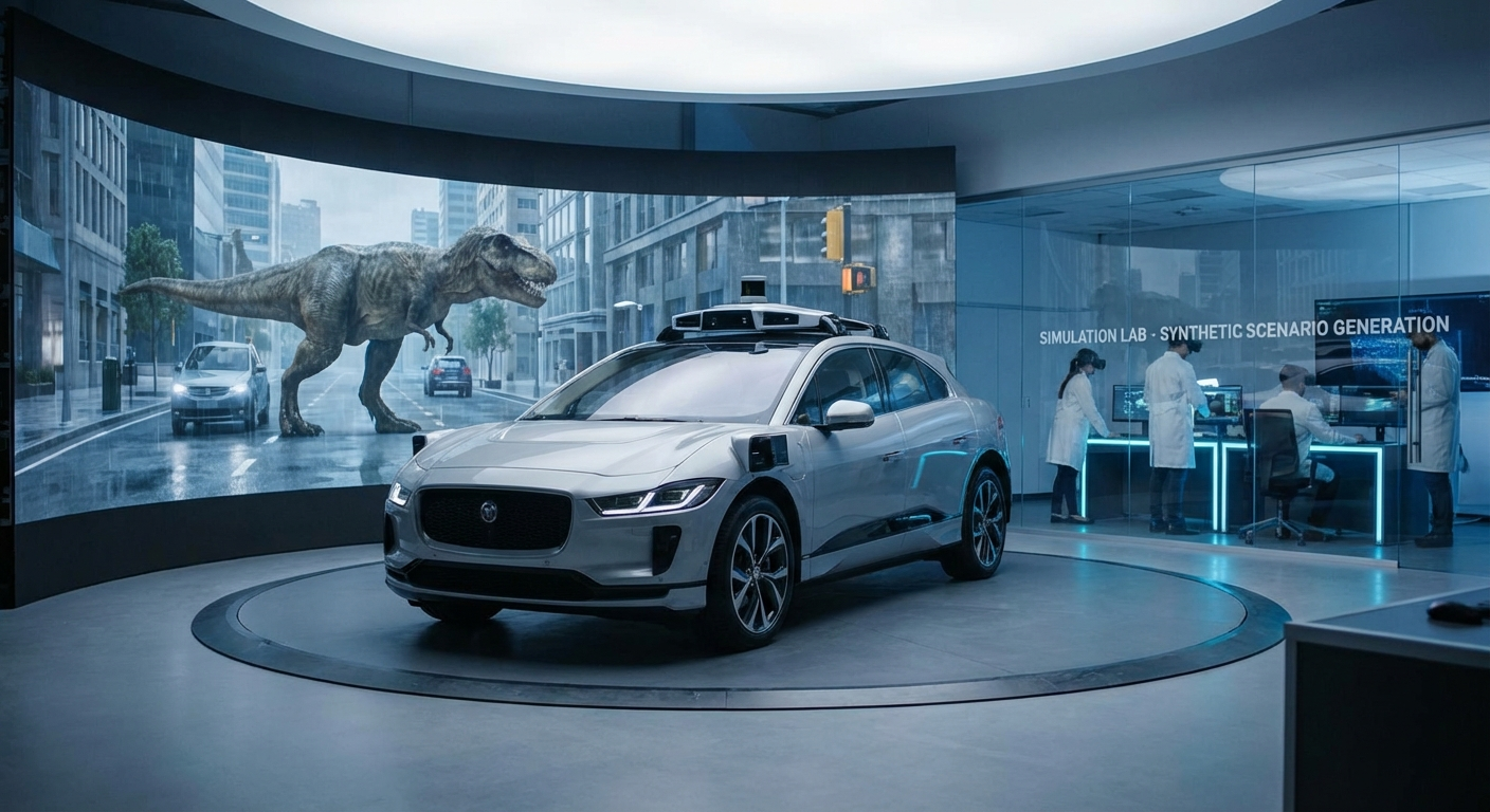 Auto autónomo en laboratorio de simulación con pantallas mostrando escenarios sintéticos generados