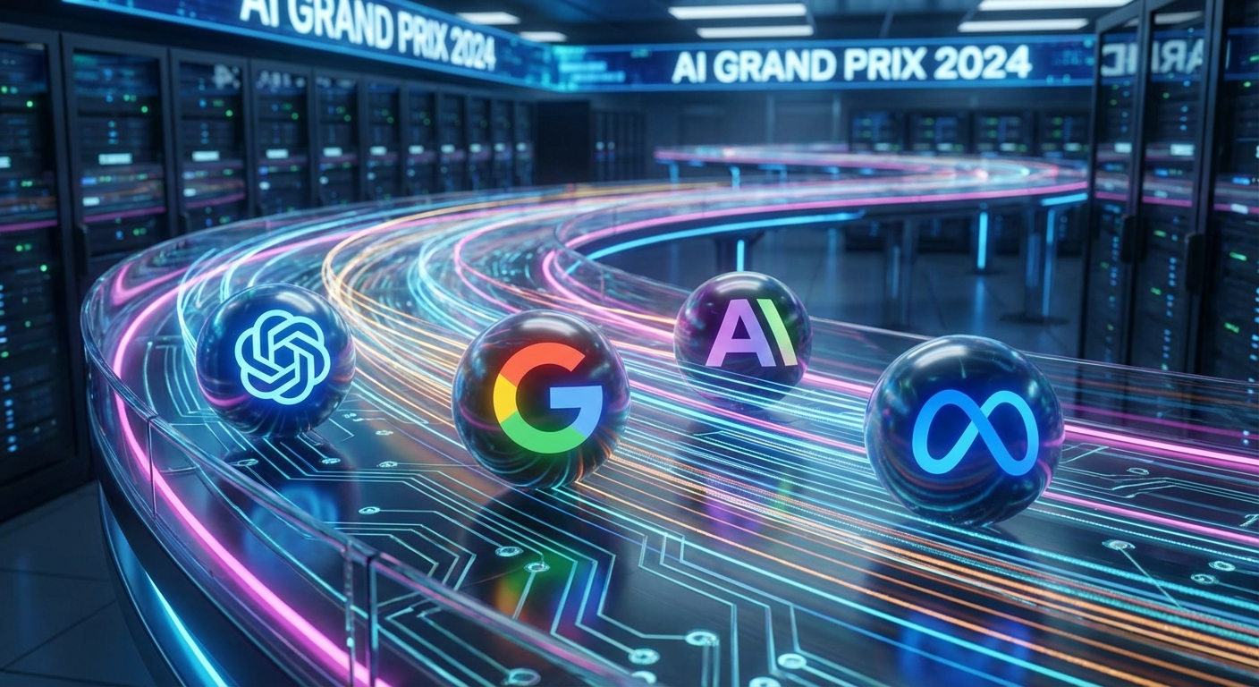 Competencia feroz de empresas de IA representadas como esferas corriendo en una pista digital